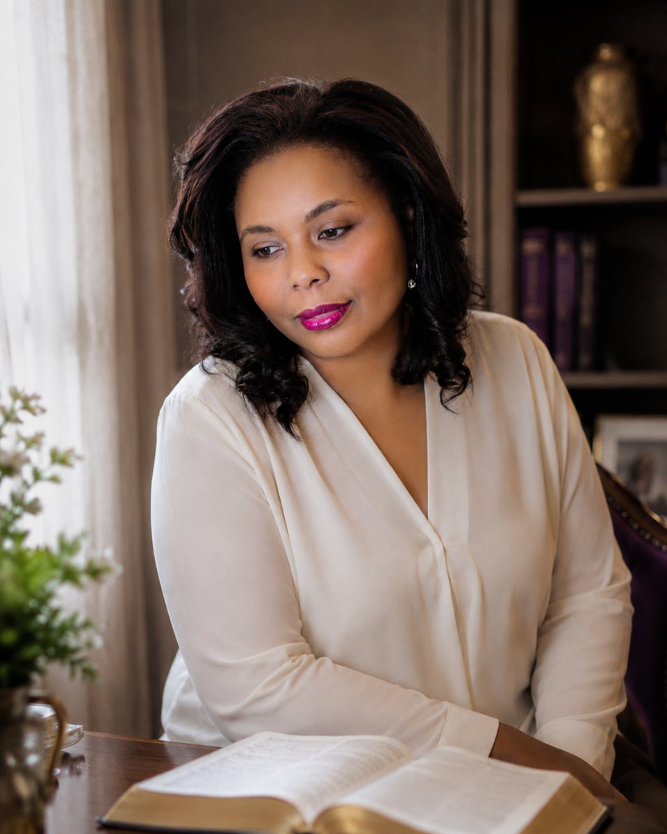 Michelle Gathren, founder of The True Self School, seated with an open Bible